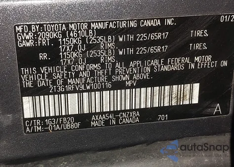 2020 Toyota Rav4 Le из США, поврежденный, VIN 2T3G1RFV9LW100116